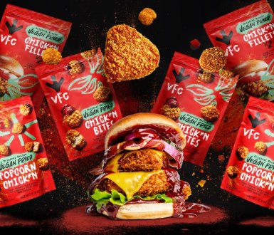 VFC product range featured around a vegan burger containing VFC chick*n fillet