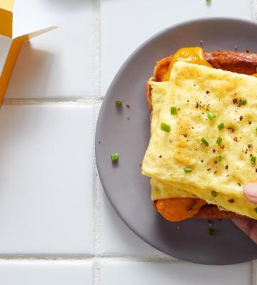 Vegan toaster eggs made by Just Eat on a sandwich