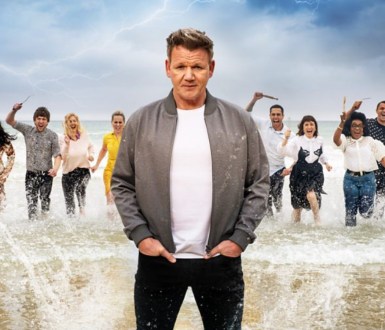 chef gordan ramsay on a beach with future food star contestants running towards him