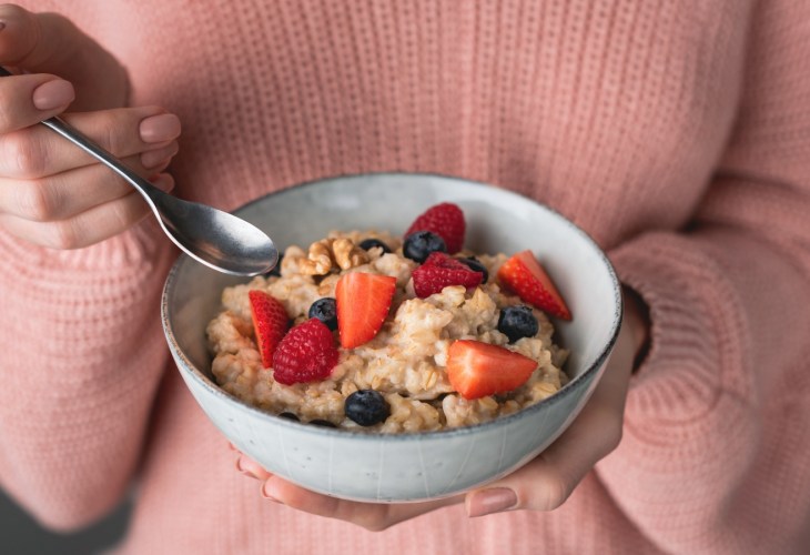 A person wearing a pink jumper holds a bowl of fruit and oatmeal