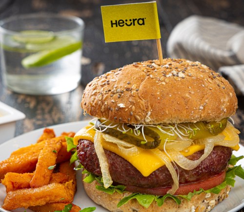 A vegan Heura burger on a plate