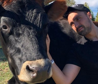 Vegan activist Joey Carbstrong with a cow