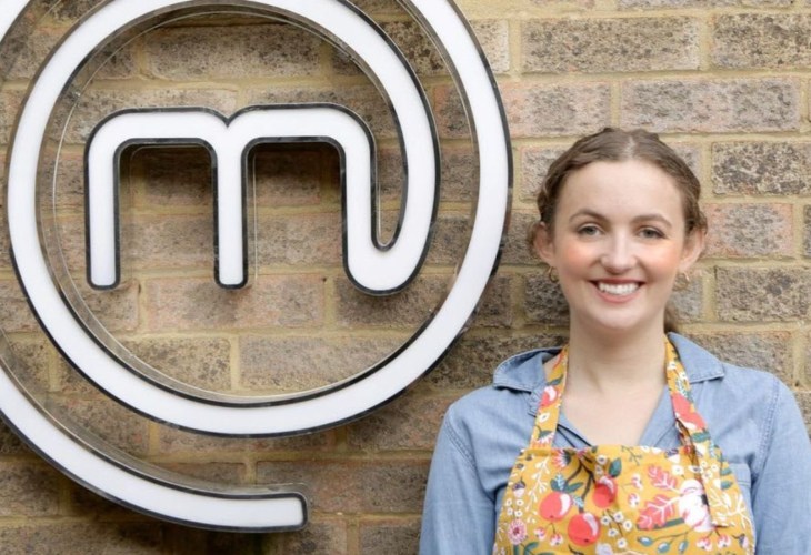 Vegan chef Meg Long smiling next to the MasterChef logo