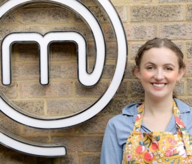 Vegan chef Meg Long smiling next to the MasterChef logo